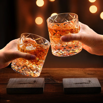 Handgeschliffenes Kristallglas mit Holzuntersetzern - Geschenkbox Tumbler