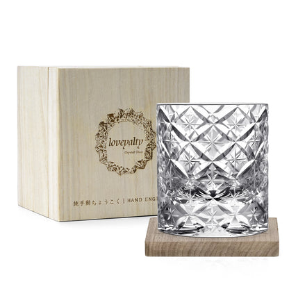 Handgeschliffenes Kristallglas mit Holzuntersetzern - Geschenkbox Tumbler