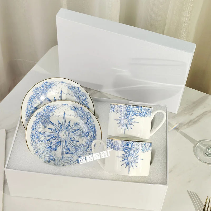 Western Cuisine Geschirr Set Blau - Elegante Tasse Teller Schüssel Löffel