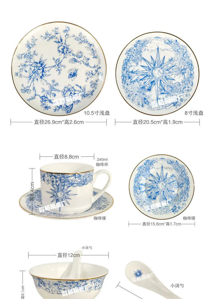 Western Cuisine Geschirr Set Blau - Elegante Tasse Teller Schüssel Löffel