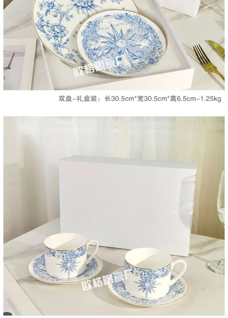 Western Cuisine Geschirr Set Blau - Elegante Tasse Teller Schüssel Löffel