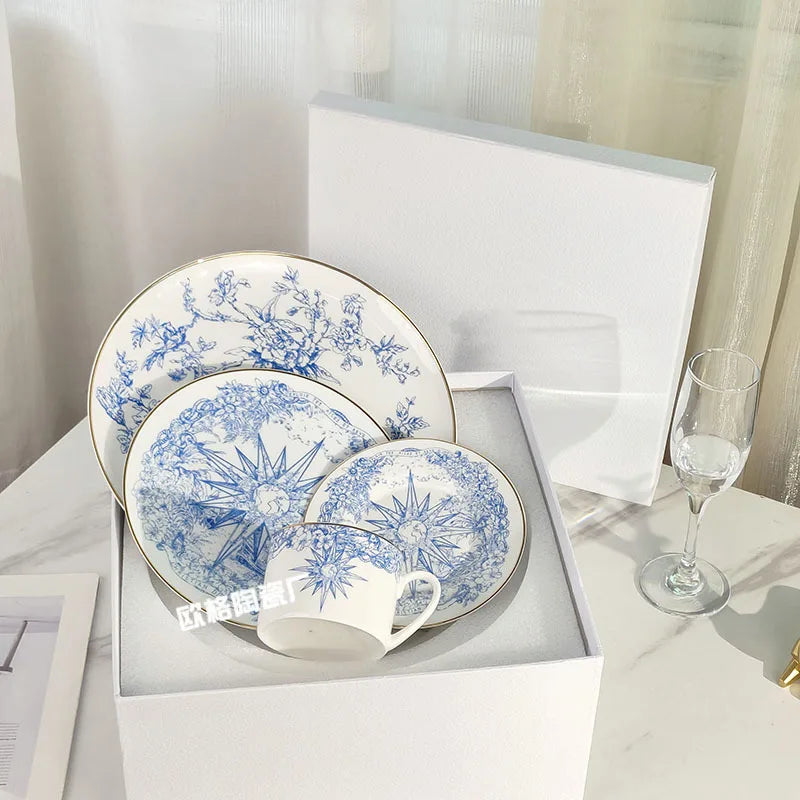 Western Cuisine Geschirr Set Blau - Elegante Tasse Teller Schüssel Löffel