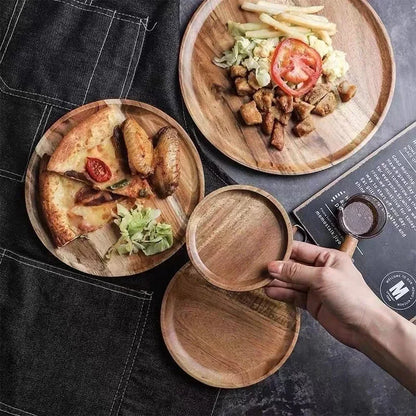 Holz Serviertablett Rund 15/20/25cm - Retro Pizza Salat Obst Dessert Platte