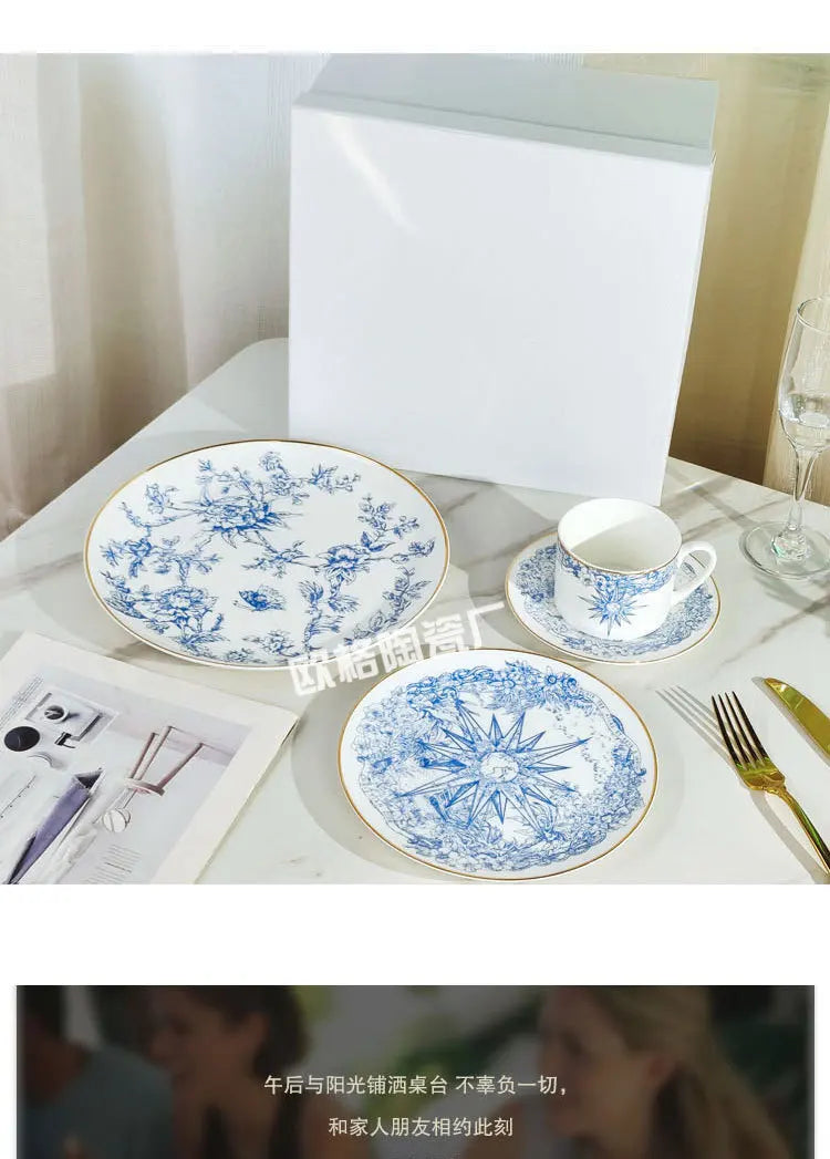 Western Cuisine Geschirr Set Blau - Elegante Tasse Teller Schüssel Löffel