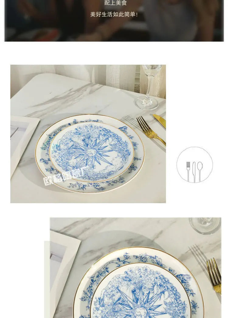 Western Cuisine Geschirr Set Blau - Elegante Tasse Teller Schüssel Löffel