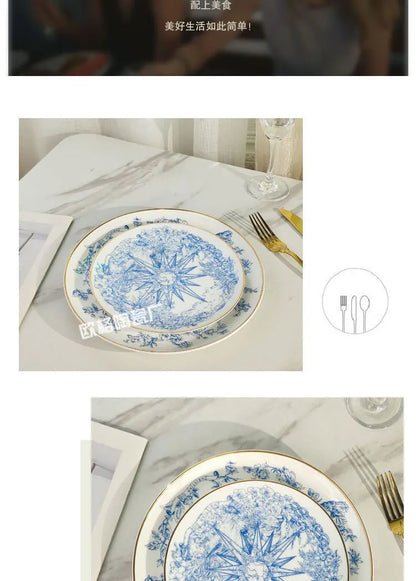 Western Cuisine Geschirr Set Blau - Elegante Tasse Teller Schüssel Löffel